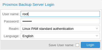 หน้าต่างเข้าสู่ระบบ Proxmox Backup Server